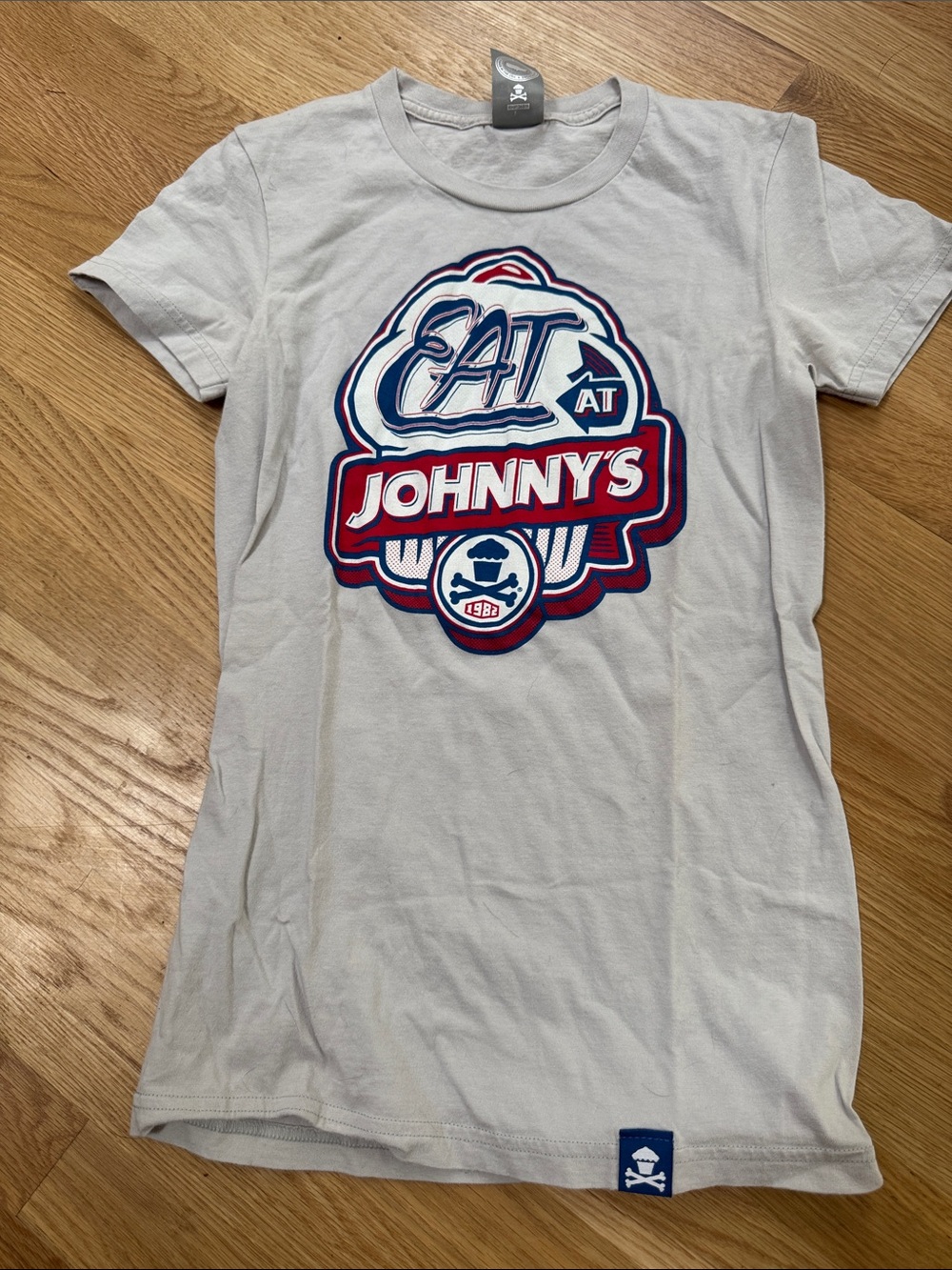 Johnny Cupcakes Light Gray Tee with Red & Navy Chest Logo